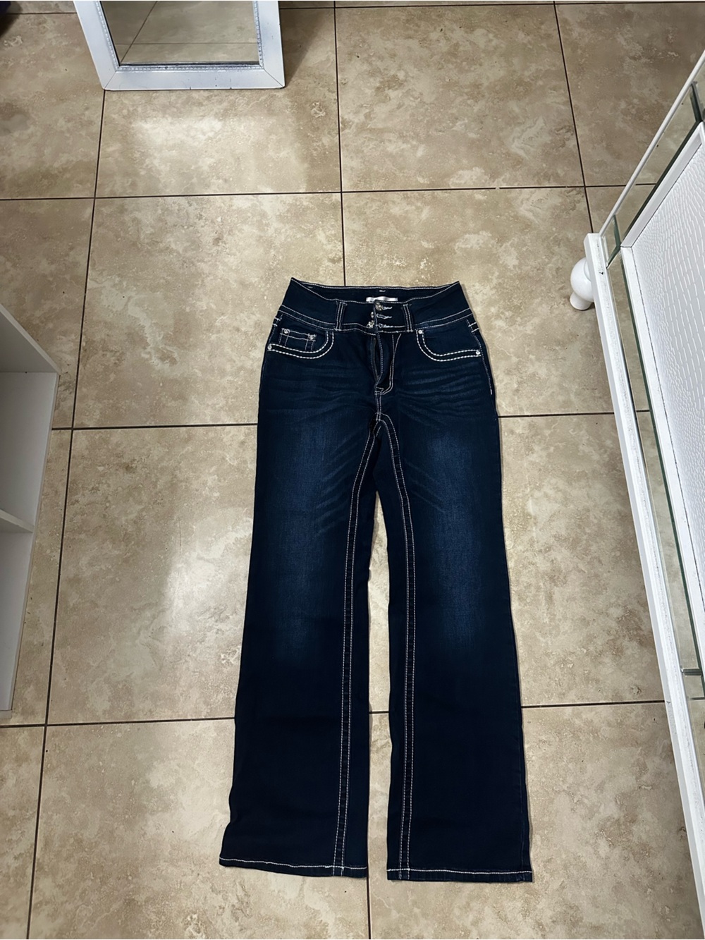 Women’s Dark Blue Stretch Bootcut Jeans with Contrast Stitching